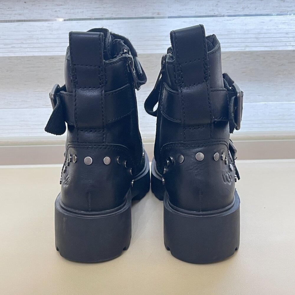 Ugg Zorrah Boots 6 Moto Combat Black Leather Silver Studs Side Zip Strap Buckle - Picture 4 of 16